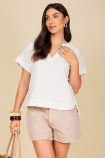 Blusa Decote em V com Manga Dobrada