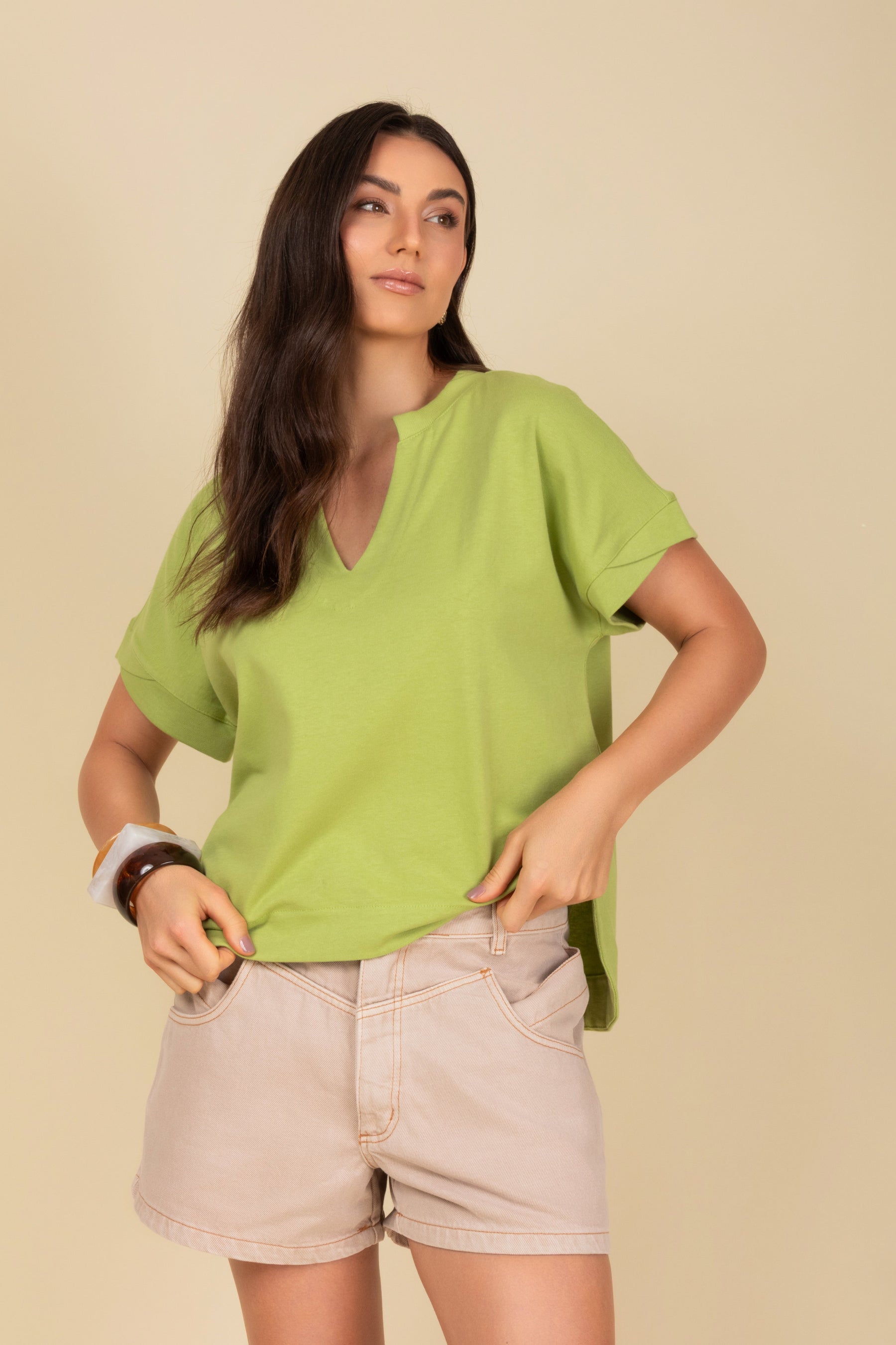 Blusa Decote em V com Manga Dobrada