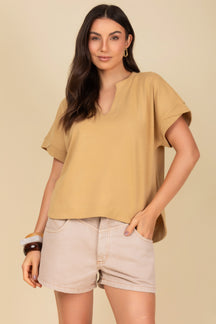 Blusa Decote em V com Manga Dobrada