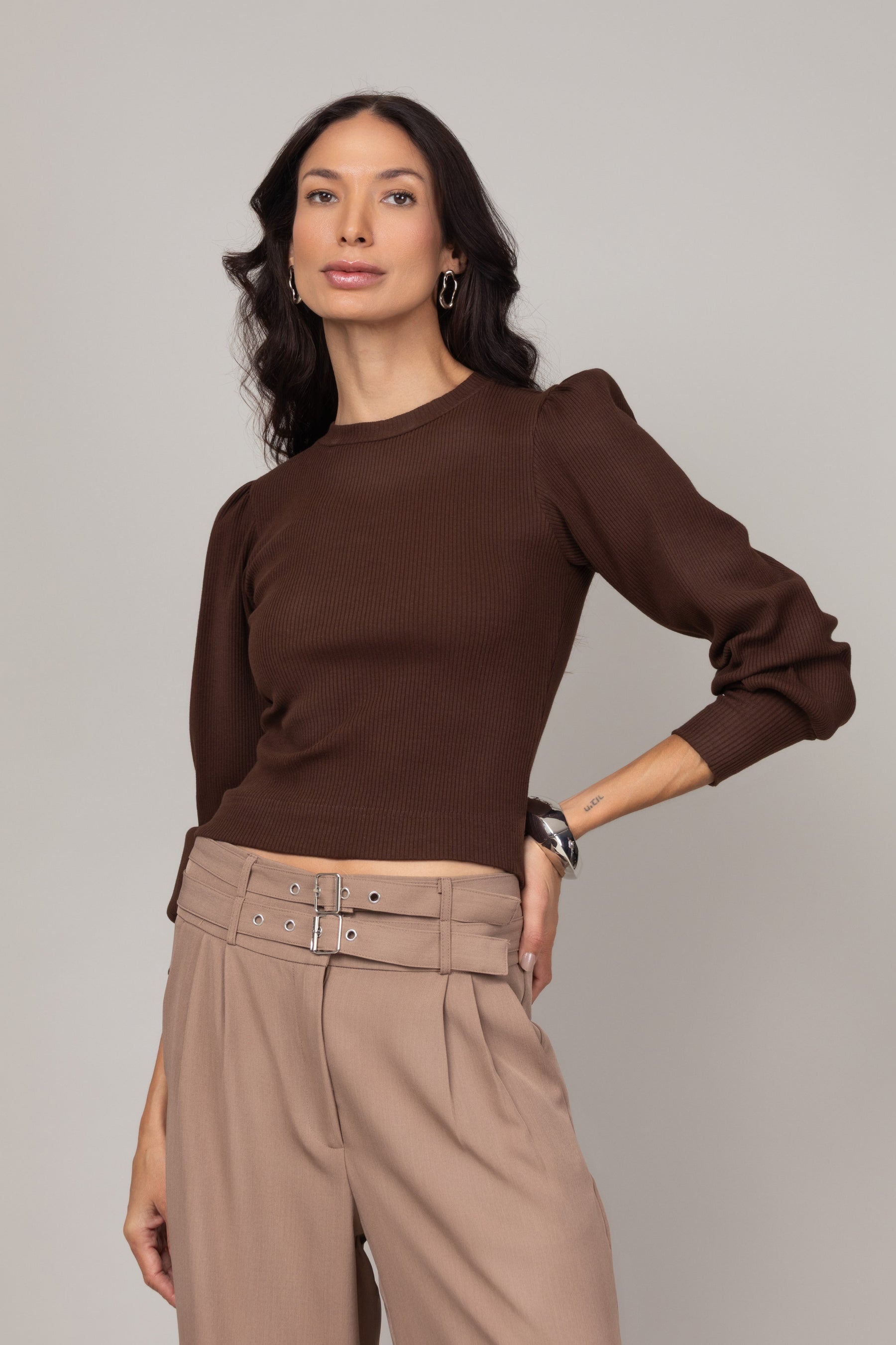 Blusa Canelada de Manga Longa