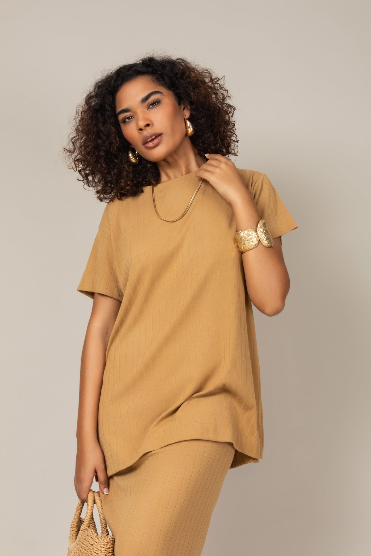 Conjunto Canelado Blusa e Saia Midi