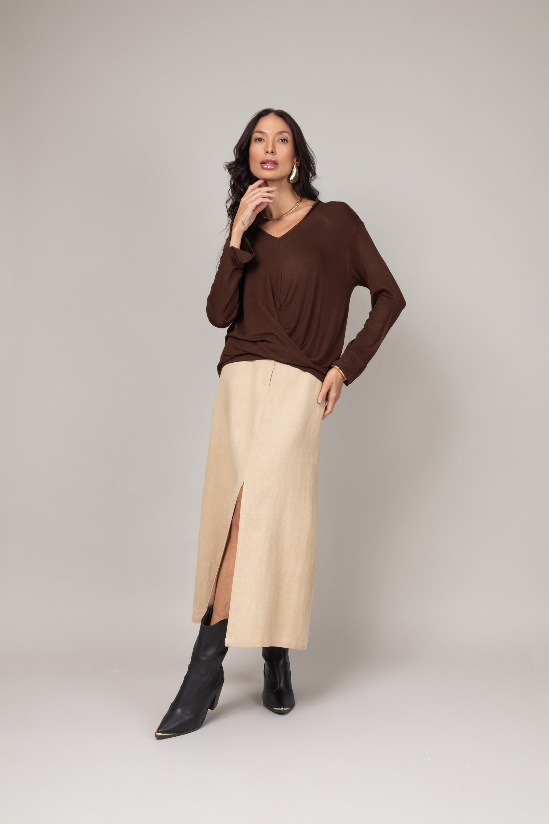 Blusa Manga Longa com Nó Frontal