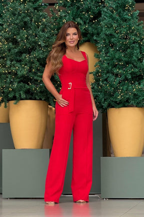 Macacão Pantalona Corset Cinto Embutido Celeste